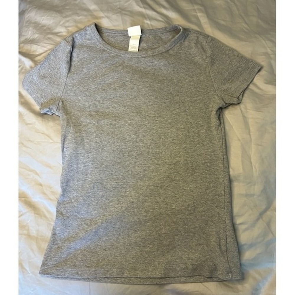 HM Basics Womens Medium Heather Grey Ribbed Short Sleeve Crew Neck T-Shirt Top